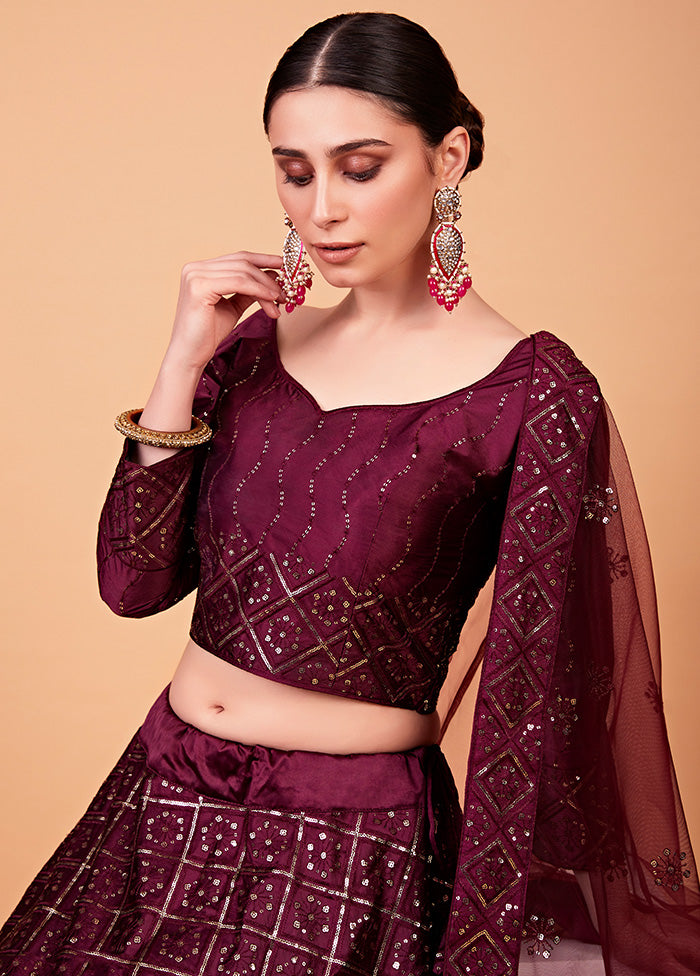 3 Pc Wine Semi Stitched Silk Lehenga Set - Indian Silk House Agencies