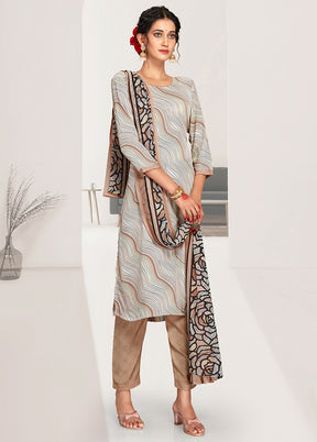 3 Pc Grey Unstitched Silk Digital Suit Set VDKSH11052047 - Indian Silk House Agencies