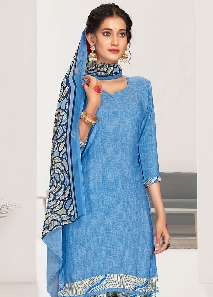 3 Pc Sky Blue Unstitched Silk Digital Suit Set VDKSH11052050 - Indian Silk House Agencies