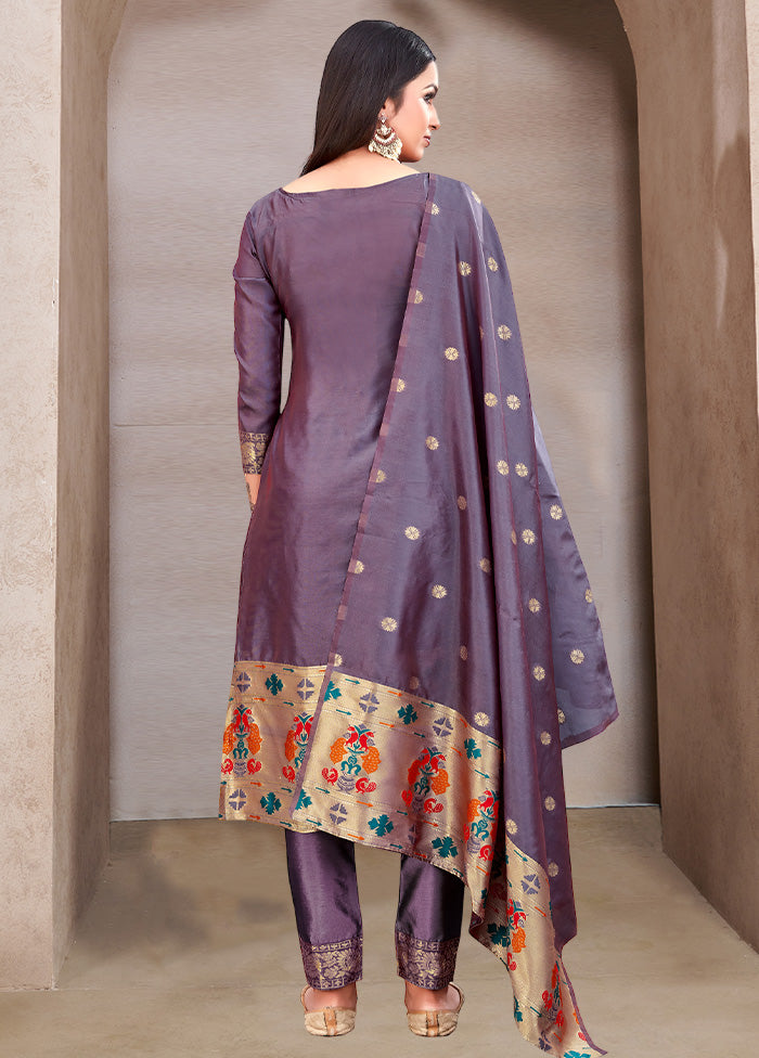 3 Pc Purple Semi Stitched Silk Suit Set VDKSH11052036 - Indian Silk House Agencies