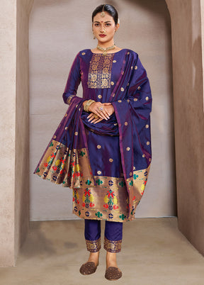 3 Pc Navy Blue Semi Stitched Silk Suit Set VDKSH11052038 - Indian Silk House Agencies