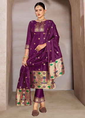 3 Pc Purple Semi Stitched Silk Suit Set VDKSH11052039 - Indian Silk House Agencies