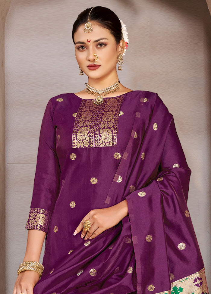3 Pc Purple Semi Stitched Silk Suit Set VDKSH11052039 - Indian Silk House Agencies