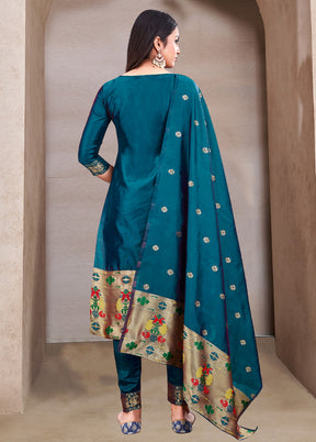 3 Pc Teal Blue Semi Stitched Silk Suit Set VDKSH11052040 - Indian Silk House Agencies