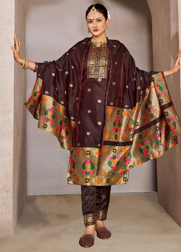3 Pc Brown Semi Stitched Silk Suit Set VDKSH11052042 - Indian Silk House Agencies