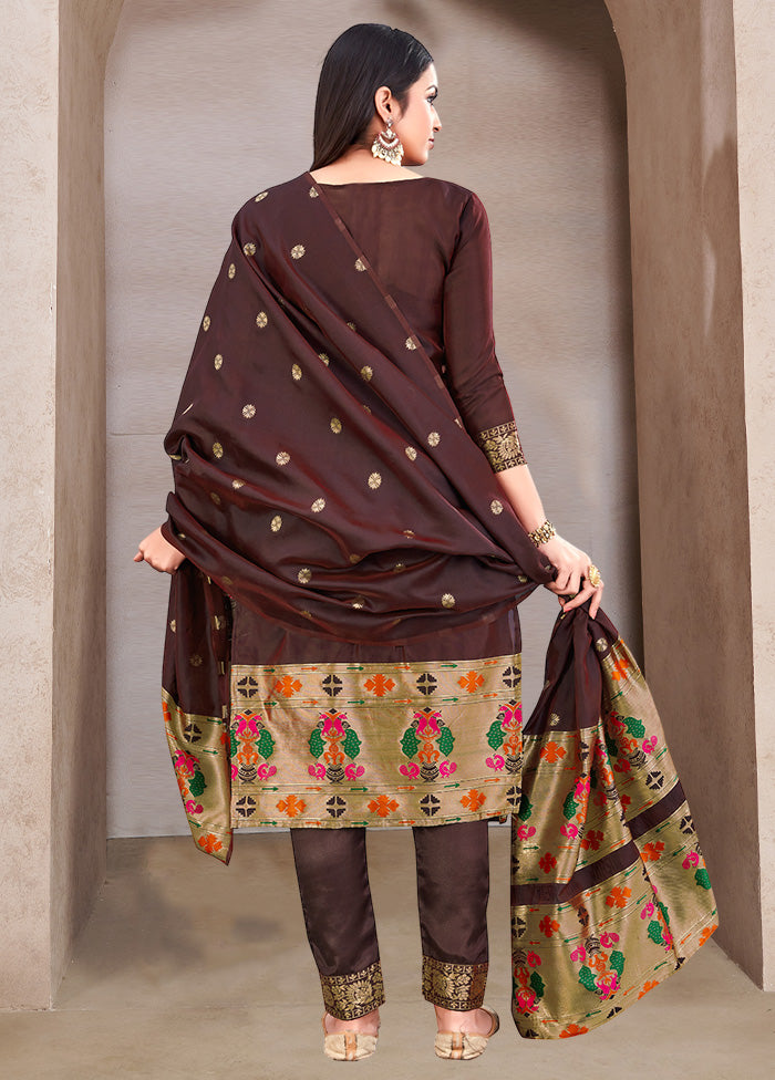 3 Pc Brown Semi Stitched Silk Suit Set VDKSH11052042 - Indian Silk House Agencies