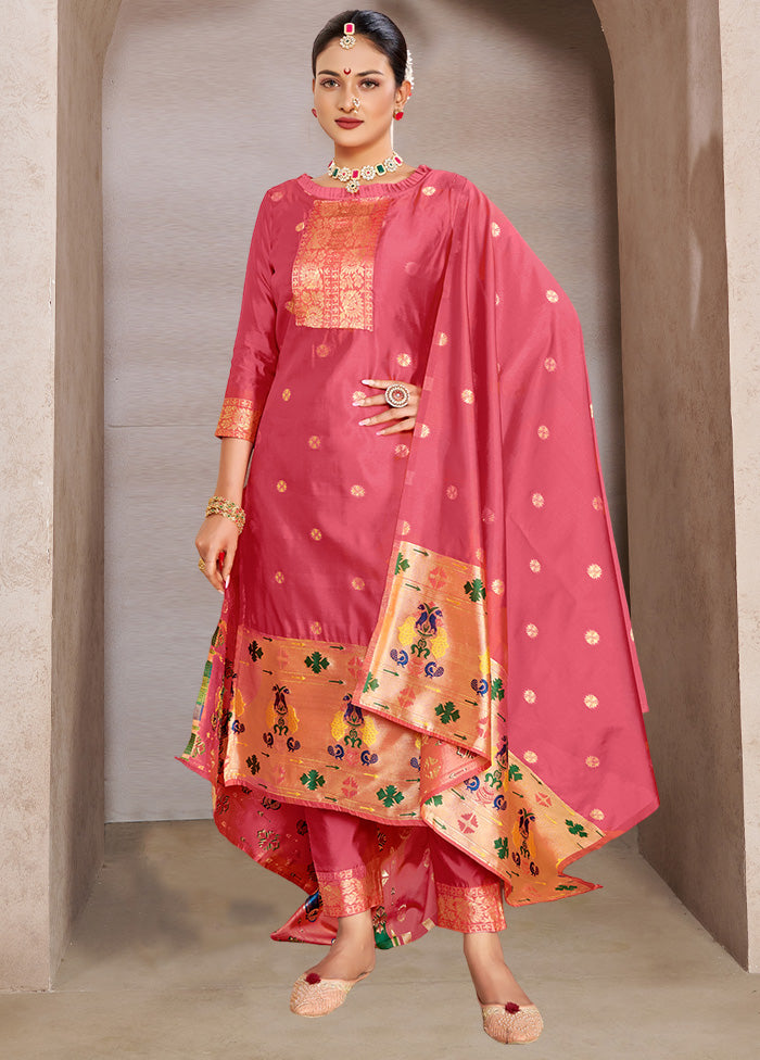 3 Pc Peach Semi Stitched Silk Suit Set VDKSH11052043 - Indian Silk House Agencies