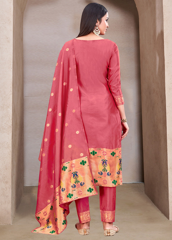 3 Pc Peach Semi Stitched Silk Suit Set VDKSH11052043 - Indian Silk House Agencies