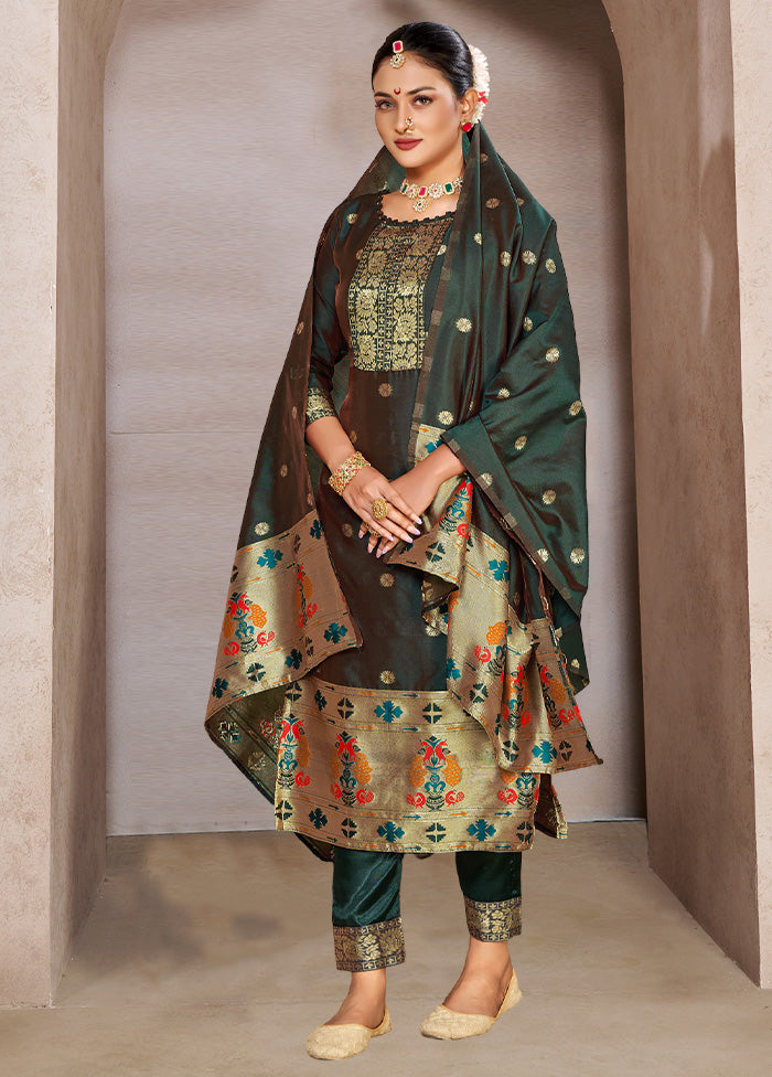 3 Pc Green Semi Stitched Silk Suit Set VDKSH11052045 - Indian Silk House Agencies
