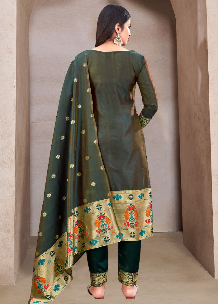 3 Pc Green Semi Stitched Silk Suit Set VDKSH11052045 - Indian Silk House Agencies