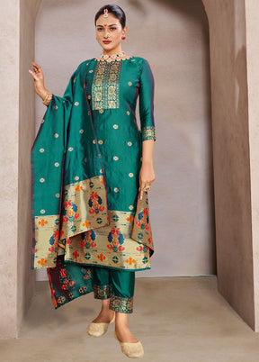 3 Pc Sea Green Semi Stitched Silk Suit Set VDKSH11052046 - Indian Silk House Agencies
