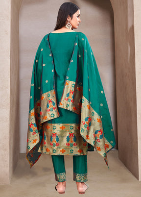 3 Pc Sea Green Semi Stitched Silk Suit Set VDKSH11052046 - Indian Silk House Agencies