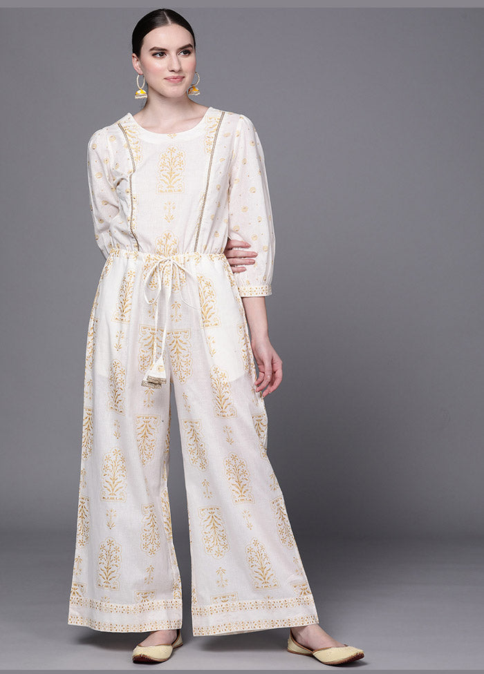 Off White Cotton Printed Jumpsuit VDKSH0805063 - Indian Silk House Agencies
