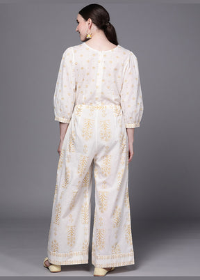 Off White Cotton Printed Jumpsuit VDKSH0805063 - Indian Silk House Agencies