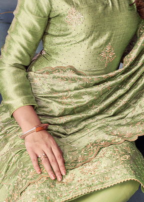 3 Pc Pista Green Semi Stitched Silk Suit Set VDKSH0805042 - Indian Silk House Agencies