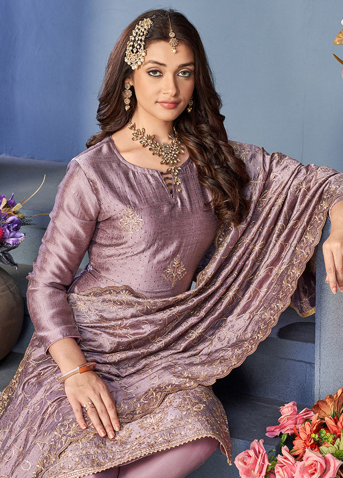 3 Pc Purple Semi Stitched Silk Suit Set VDKSH0805043 - Indian Silk House Agencies