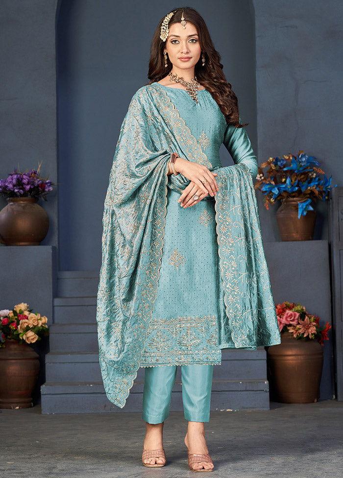 3 Pc Sky Blue Semi Stitched Silk Suit Set VDKSH0805045 - Indian Silk House Agencies