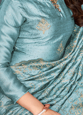 3 Pc Sky Blue Semi Stitched Silk Suit Set VDKSH0805045 - Indian Silk House Agencies
