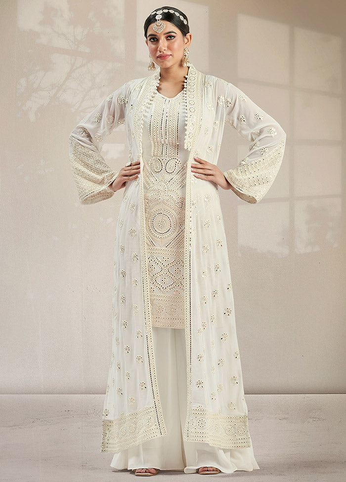 3 Pc White Georgette Mirror Work Suit Set VDKSH0805054 - Indian Silk House Agencies