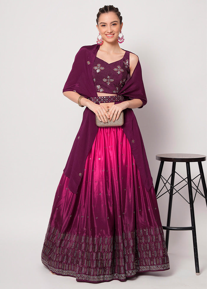 3 Pc Purple Semi Stitched Chinon Silk Lehenga Set - Indian Silk House Agencies