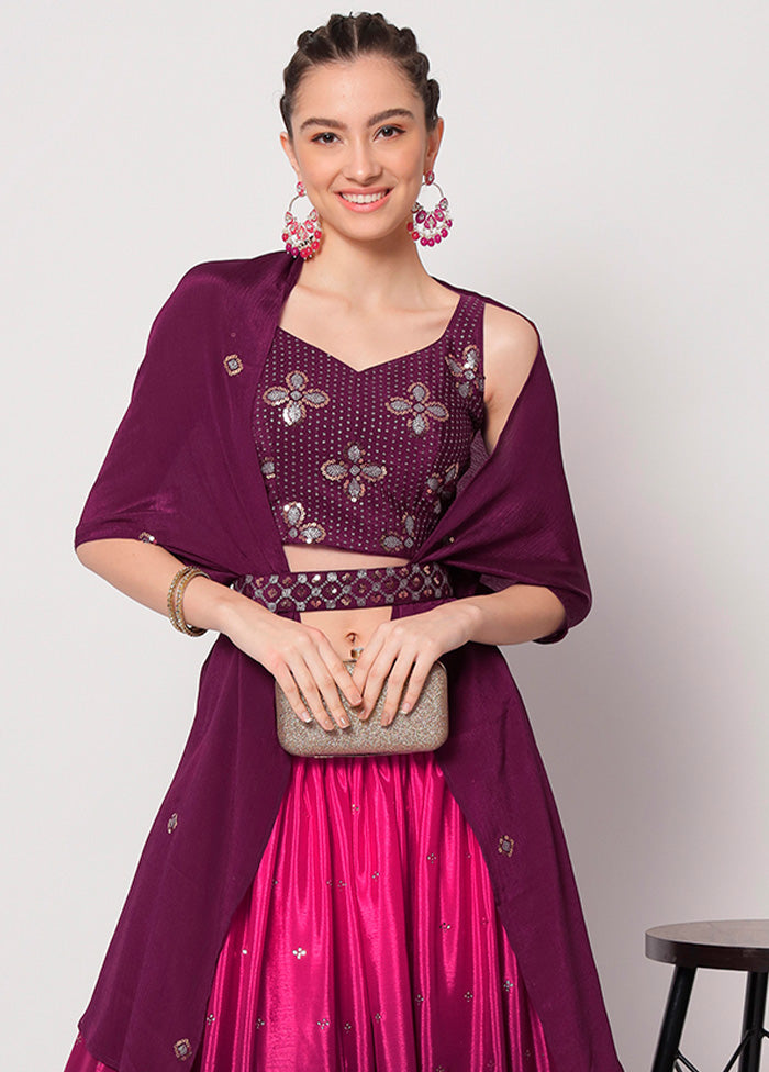 3 Pc Purple Semi Stitched Chinon Silk Lehenga Set - Indian Silk House Agencies