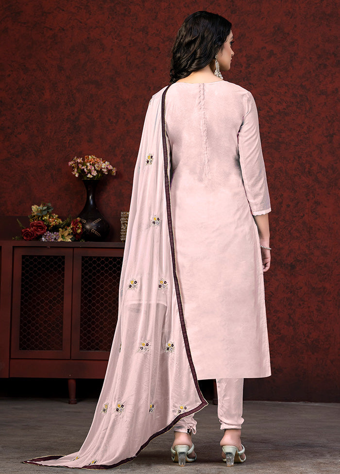 3 Pc Pink Unstitched Silk Hand Suit Set VDKSH20052048 - Indian Silk House Agencies