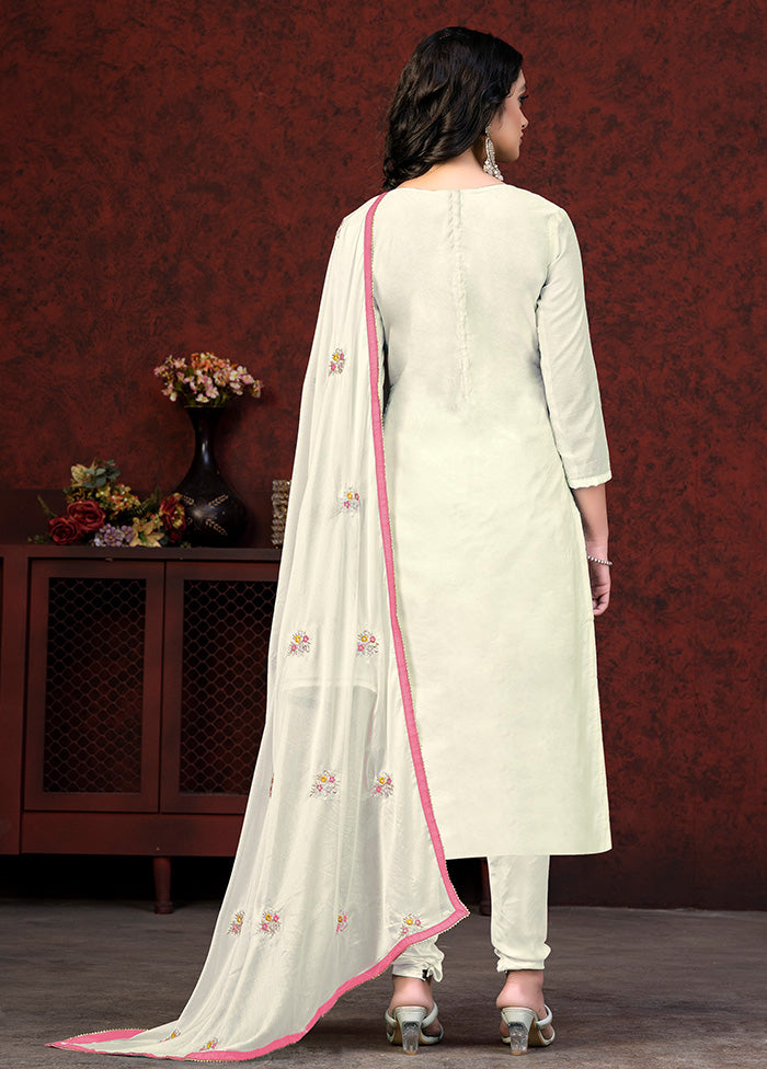 3 Pc White Unstitched Silk Hand Suit Set VDKSH20052049 - Indian Silk House Agencies
