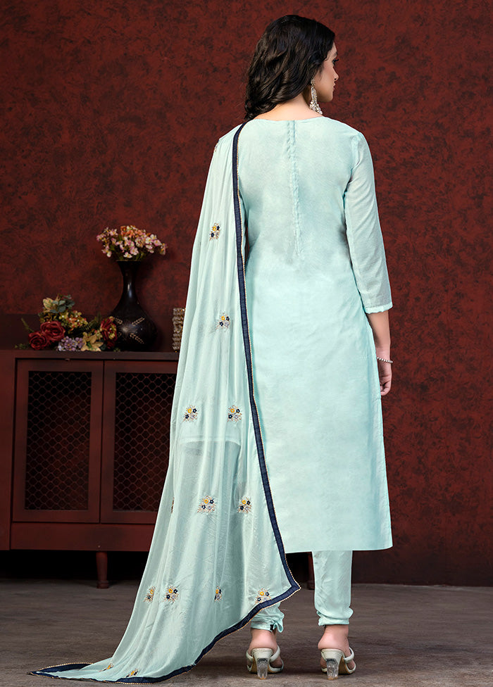 3 Pc Sky Blue Unstitched Silk Hand Suit Set VDKSH20052051 - Indian Silk House Agencies
