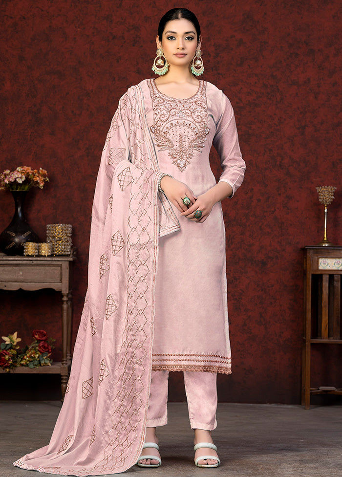 3 Pc Pink Unstitched Silk Hand Suit Set VDKSH20052054 - Indian Silk House Agencies