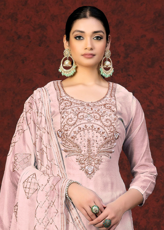 3 Pc Pink Unstitched Silk Hand Suit Set VDKSH20052054 - Indian Silk House Agencies