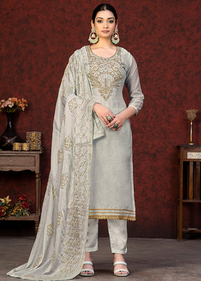 3 Pc Grey Unstitched Silk Hand Suit Set VDKSH20052055 - Indian Silk House Agencies