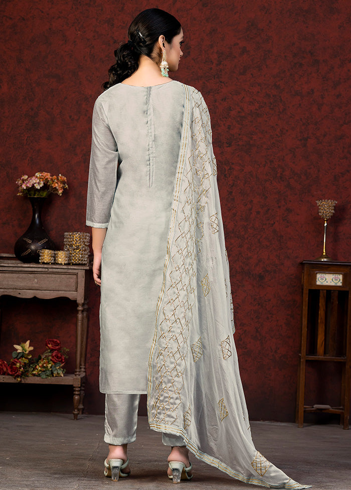3 Pc Grey Unstitched Silk Hand Suit Set VDKSH20052055 - Indian Silk House Agencies