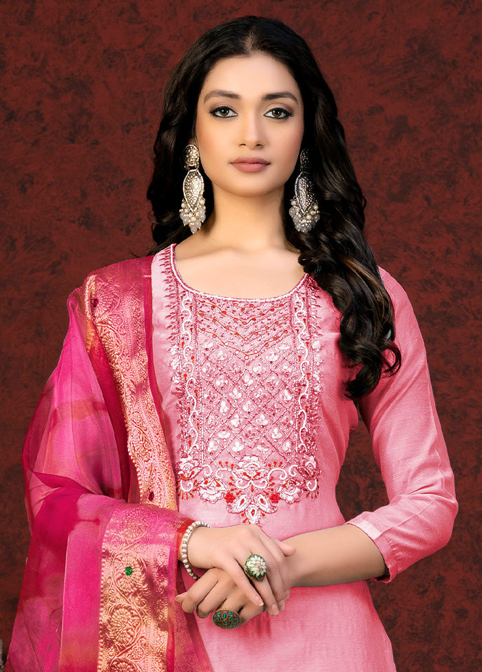 3 Pc Pink Unstitched Silk Hand Suit Set VDKSH20052056 - Indian Silk House Agencies