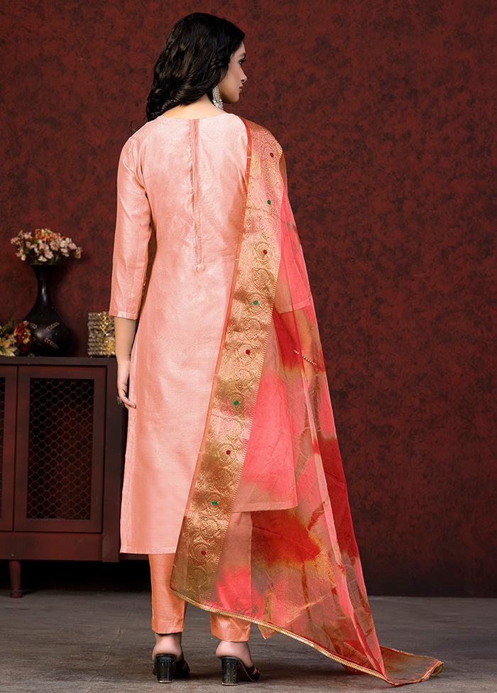 3 Pc Peach Unstitched Silk Hand Suit Set VDKSH20052057 - Indian Silk House Agencies