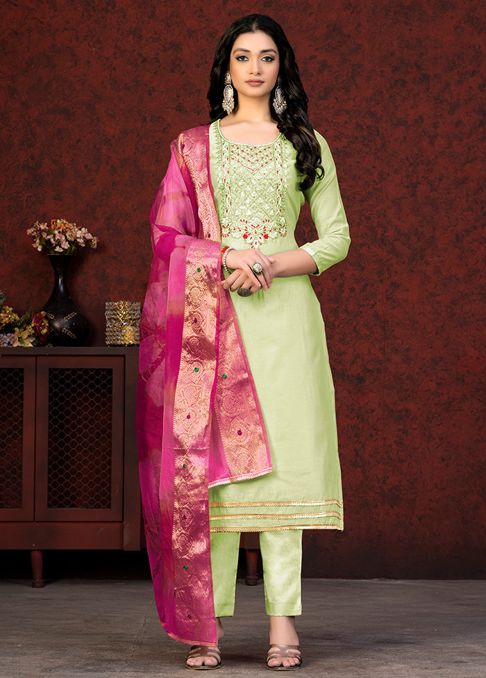 3 Pc Green Unstitched Silk Hand Suit Set VDKSH20052059 - Indian Silk House Agencies