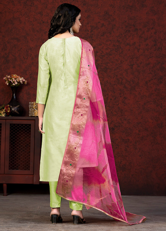 3 Pc Green Unstitched Silk Hand Suit Set VDKSH20052059 - Indian Silk House Agencies