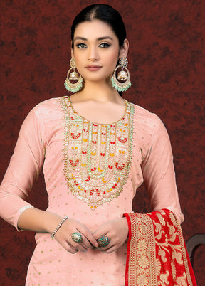 3 Pc Peach Unstitched Silk Hand Suit Set VDKSH20052063 - Indian Silk House Agencies
