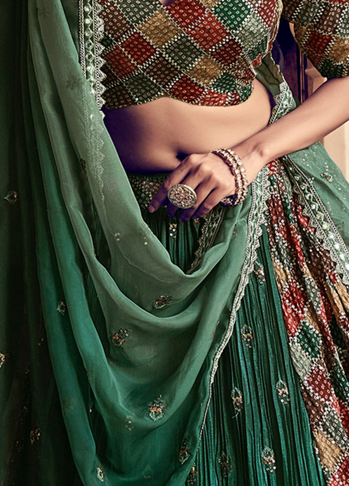 3 Pc Sea Green Semi Stitched Silk Lehenga Set - Indian Silk House Agencies