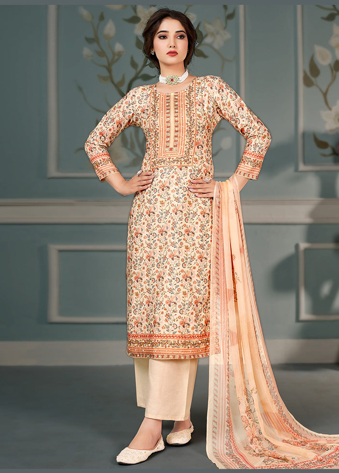 3 Pc Peach Unstitched Silk Suit Set VDKSH25052073 - Indian Silk House Agencies