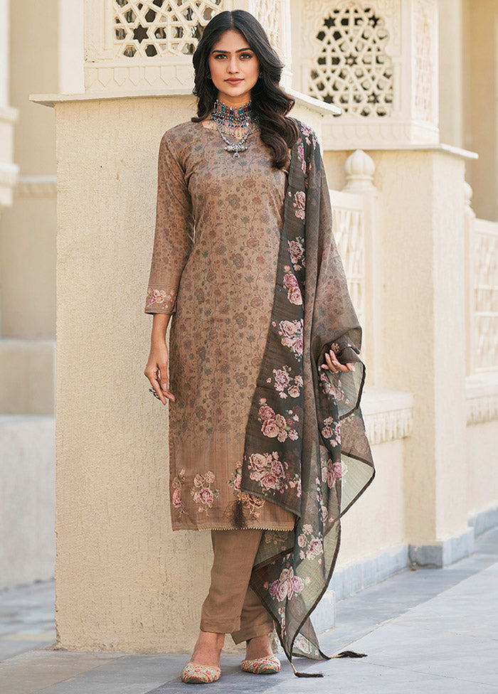 3 Pc Brown Unstitched Cotton Suit Set VDKSH31052118 - Indian Silk House Agencies