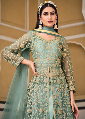 3 Pc Pista Green Semi Stitched Net Suit Set VDKSH31052108 - Indian Silk House Agencies