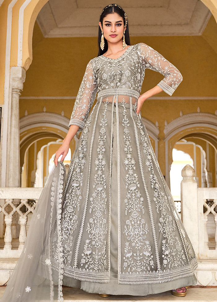 3 Pc Grey Semi Stitched Net Suit Set VDKSH31052109 - Indian Silk House Agencies