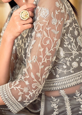 3 Pc Grey Semi Stitched Net Suit Set VDKSH31052109 - Indian Silk House Agencies