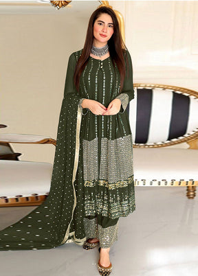3 Pc Mehendi Semi Stitched Georgette Suit Set VDKSH31052090 - Indian Silk House Agencies