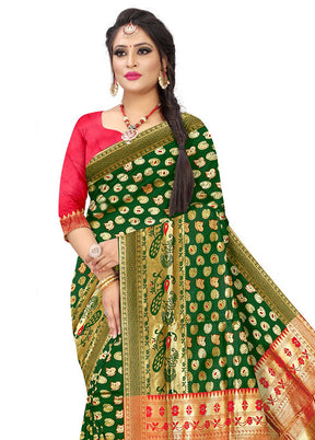 Green Spun Silk Saree With Blouse Piece - Indian Silk House Agencies