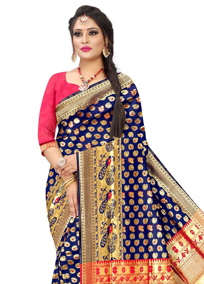 Blue Spun Silk Saree With Blouse Piece - Indian Silk House Agencies