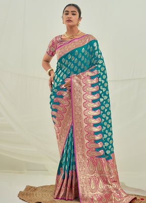 Teal Spun Silk Saree With Blouse Piece - Indian Silk House Agencies