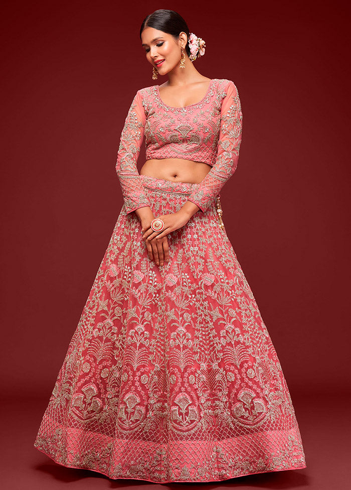 3 Pc Pink Semi Stitched Pure Net Lehenga Set - Indian Silk House Agencies