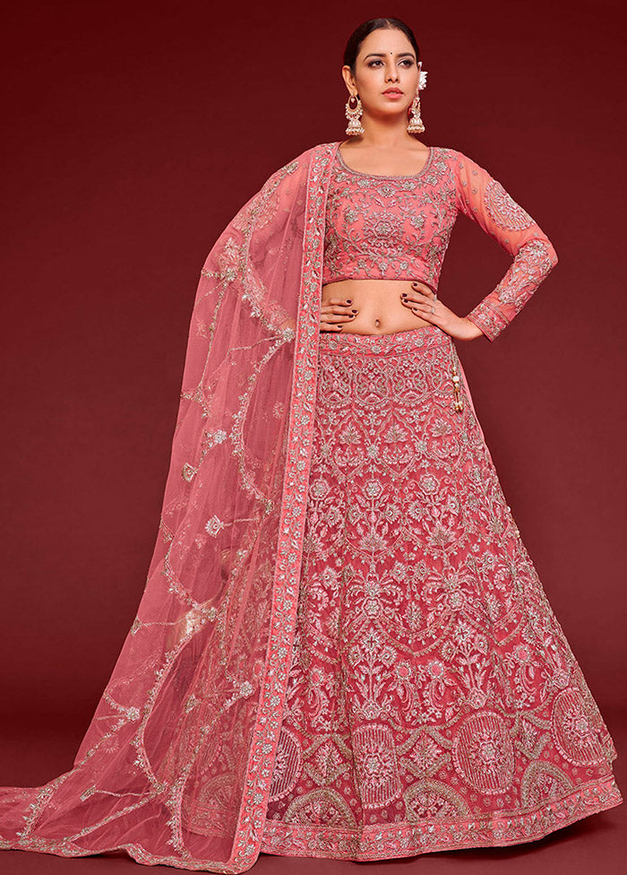 3 Pc Pink Semi Stitched Pure Net Lehenga Set - Indian Silk House Agencies