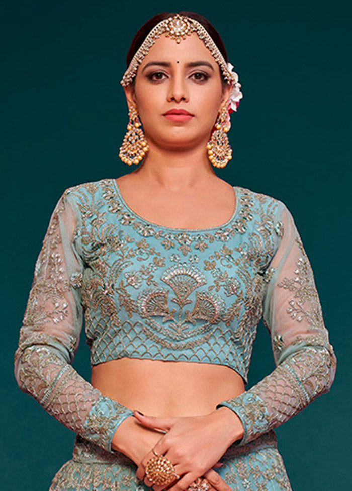 3 Pc Sky Blue Semi Stitched Pure Net Lehenga Set - Indian Silk House Agencies